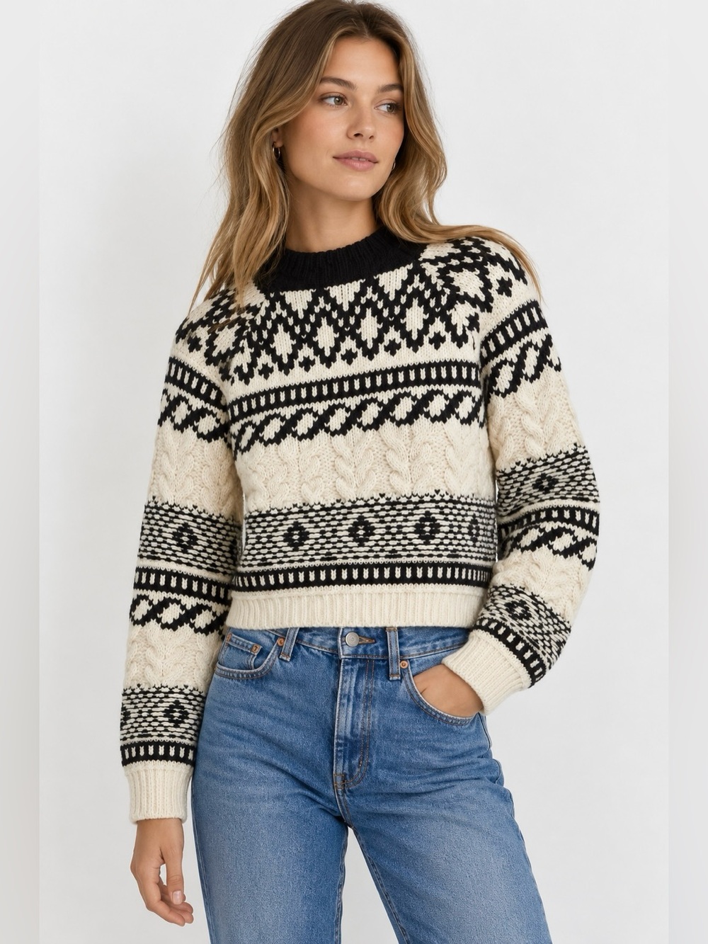 Zara Black and Cream Fair Isle Cable-Knit Crewneck Sweater Size XS Like New